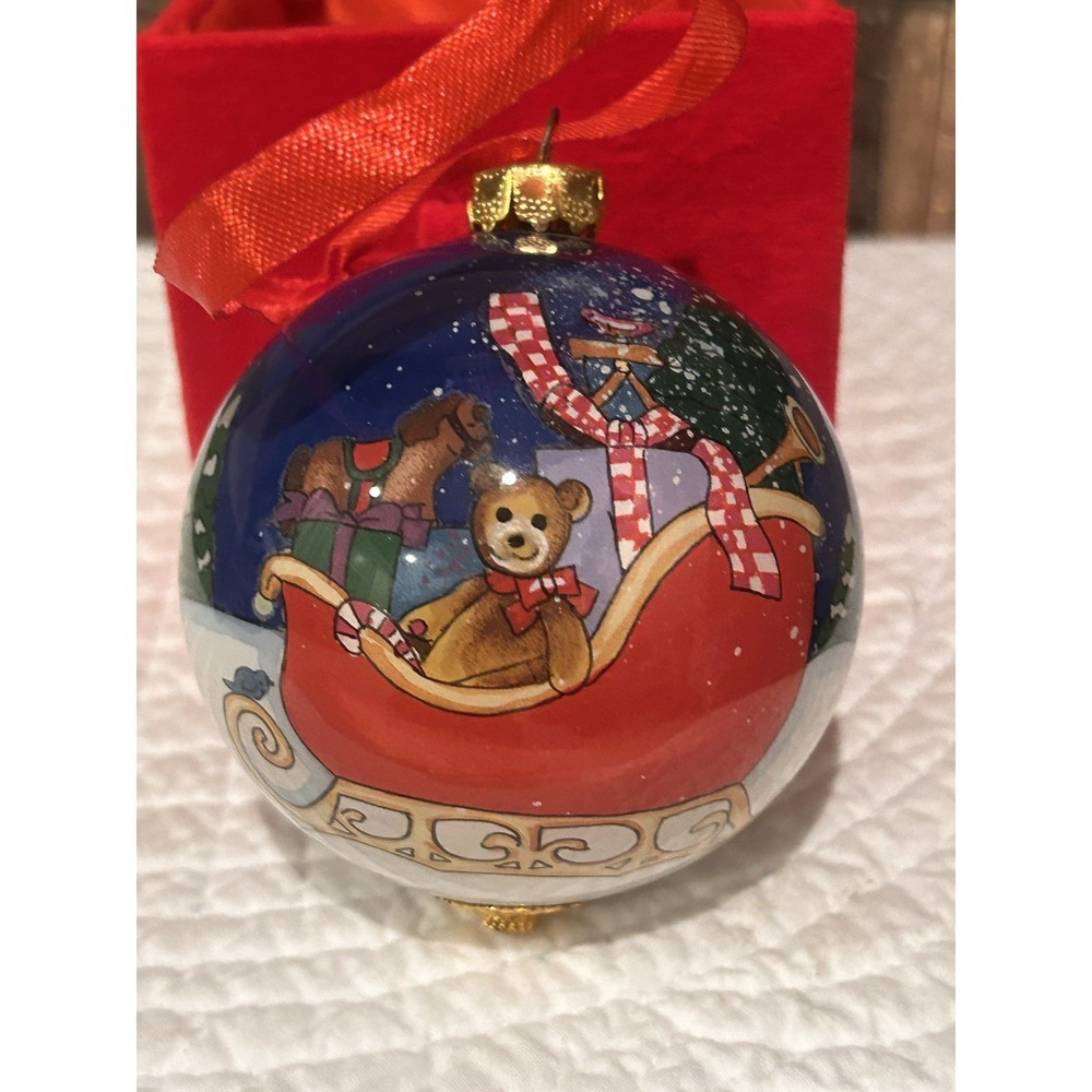 Teddy Bear On Sleigh Li Bien Christmas Ornament with Box Inside Painted Holiday